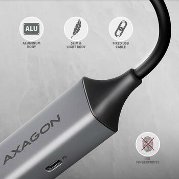 Axagon USB-C Gigabit Ethernet адаптер ADE-TXPD, 1000 Mbit/s, USB 3.2 Gen 1, 1 RJ-45 порт, Power Delivery 100W, алюминий (ADE-TXPD)