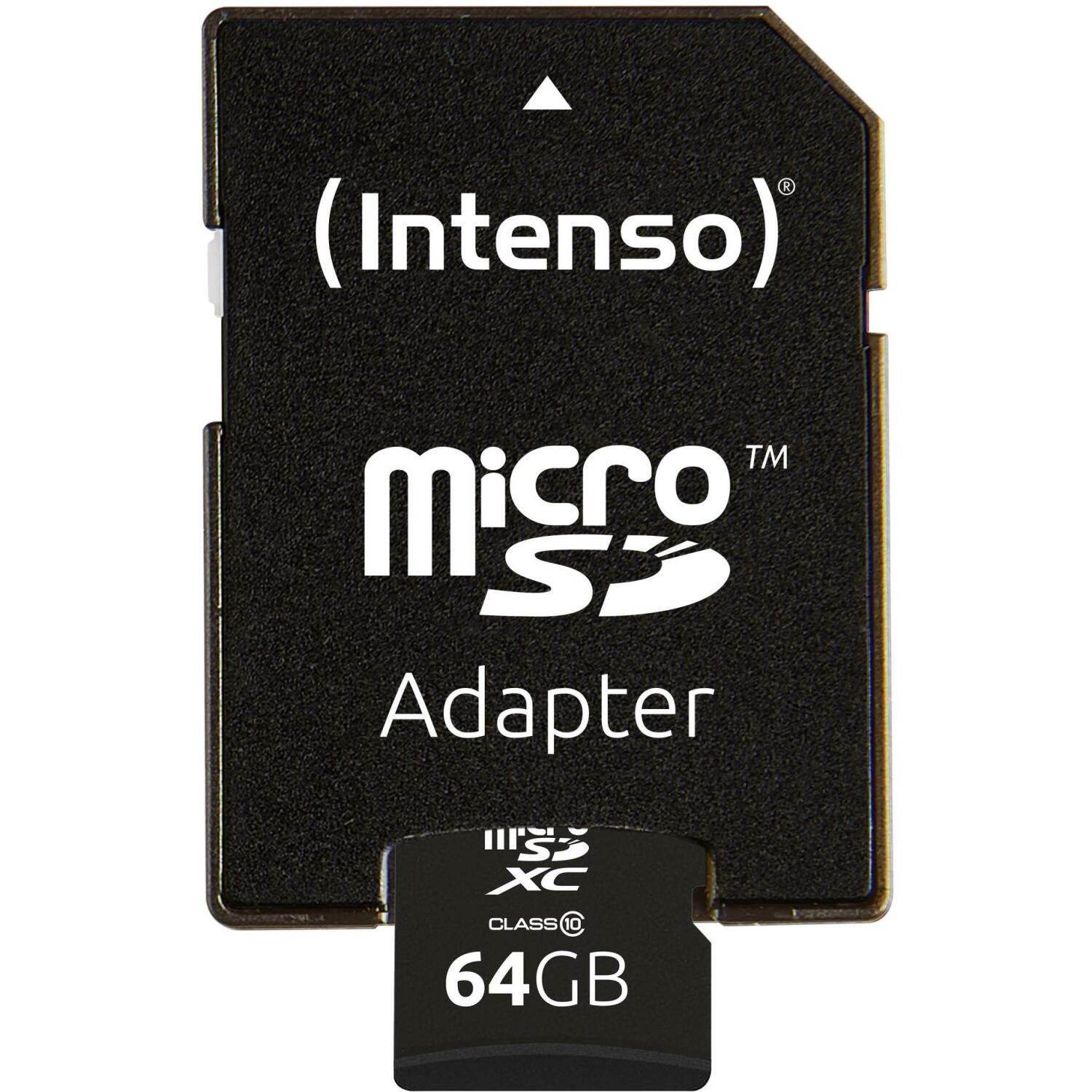 Intenso карта памяти MicroSDXC 3413490 64 ГБ, скорость чтения 25 МБ/с, класс 10, адаптер в комплекте, водонепроницаемая (3413490)