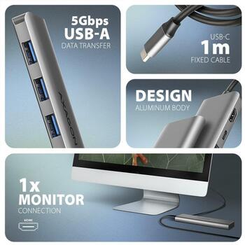 Axagon USB centrmezgls HMC-5H 5in1, 3x USB 5Gbps, 1x HDMI, 100W PD, 1m kabelis (HMC-5H)