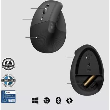 Logitech Беспроводная Мышь Lift 910-006495, 4000dpi, 4 кнопки, оптический сенсор, вертикальная, беспроводная, LED (910-006495)