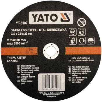 Yato Отрезной Диск YT-6107, 230мм, 22мм, 2мм, 6500мин⁻¹, 80м/с, плоский, нержавеющая сталь, резка (YT-6107)