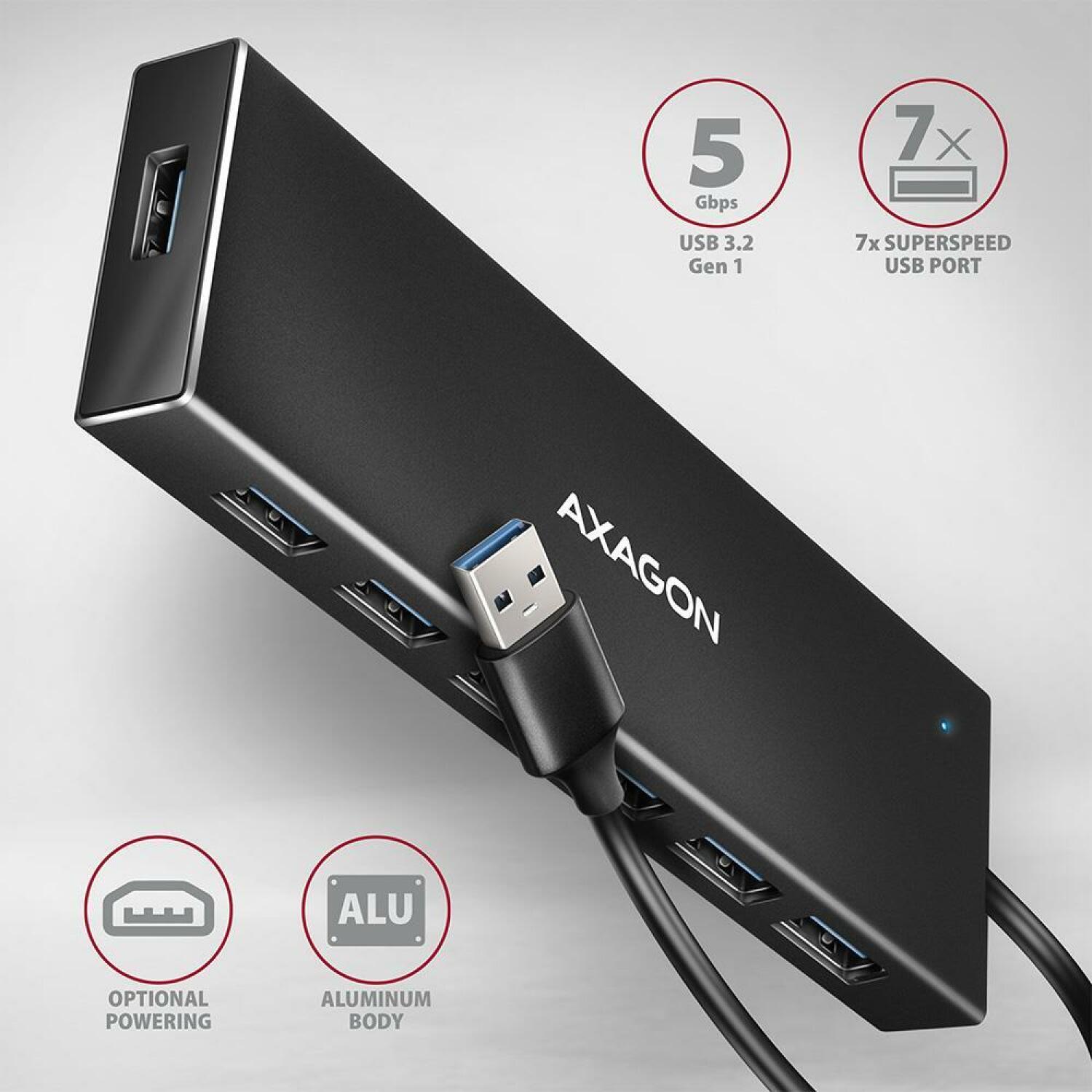 Axagon USB хаб HUE-F7A USB 3.2 7x USB-A, 1 м кабель, алюминиевый корпус, Hot Plug, Plug and Play (HUE-F7A)