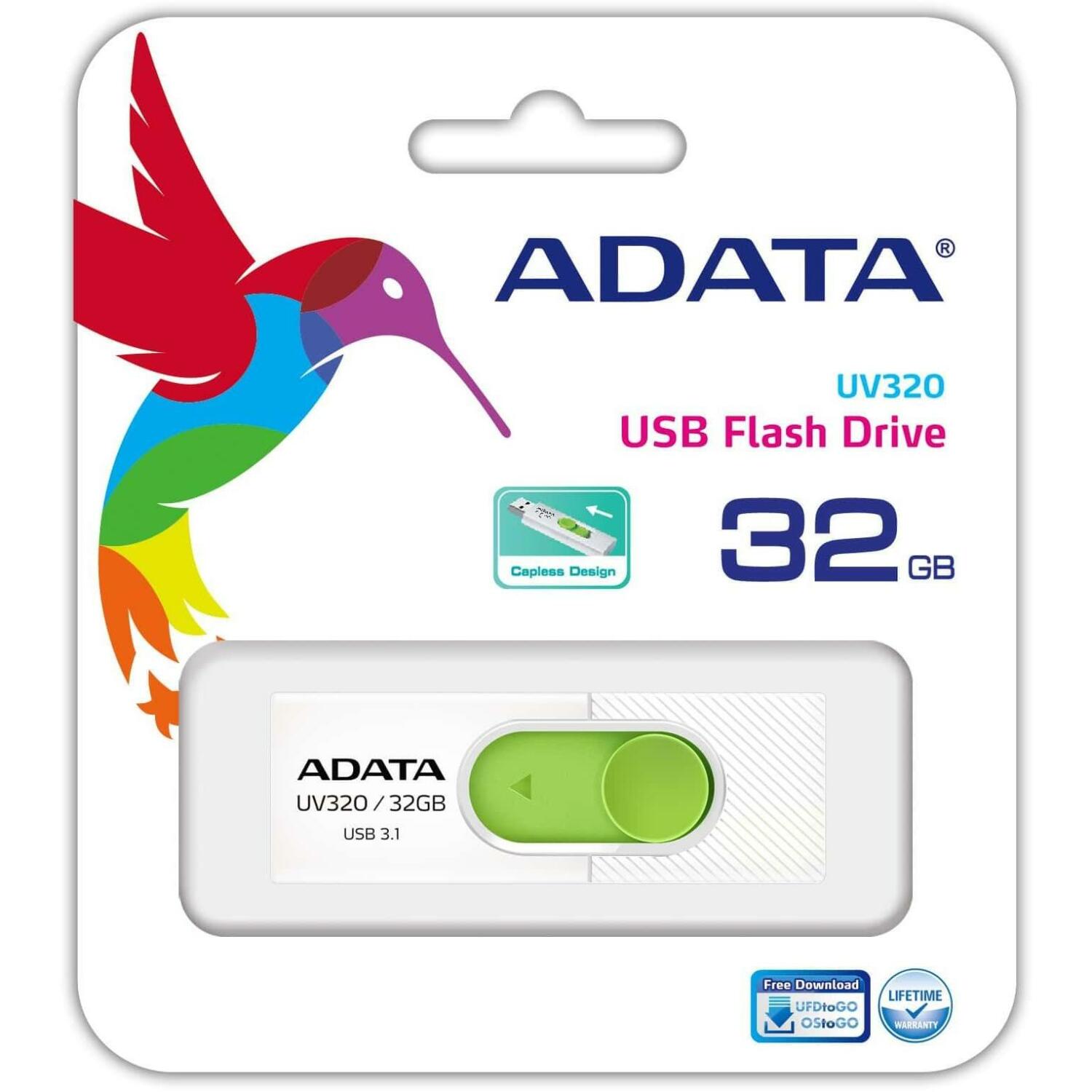 Adata USB флеш-накопитель AUV320-32G-RWHGN 32 ГБ, USB 3.2 Gen 1, слайд-дизайн, зеленый, белый (AUV320-32G-RWHGN)