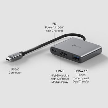 TP-Link UH3020C USB-C хаб, 3 порта, HDMI 4K@60Hz, PD 100W, USB-A 5Gbps, алюминиевый корпус (UH3020C)