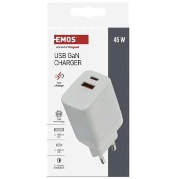 Emos Универсальное USB настенное зарядное устройство GaN V04G45, 45 Вт, 100–240 В, 2xUSB, быстрая зарядка, защита от перегрузки (V04G45)