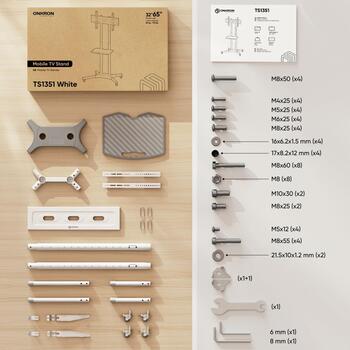 Onkron ТВ подставка TS1351-W, 32-65 дюймов, максимальная нагрузка 50 кг, VESA 100x100-600x400 мм, регулировка высоты 1200-1500 мм (TS1351-W)