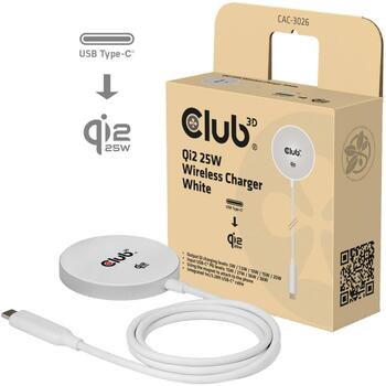 Club3D Lādētājs CAC-3026 Qi2 25W Bezvadu Lādētājs Balts Qi 2.2 MagSafe Saderīgs Magnētiskais Paliktnis, 1m USB-C kabelis, 1 ierīce (CAC-3026)