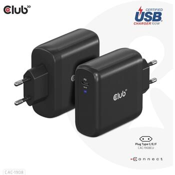 Club3D зарядное устройство CAC-1908EU 100W, USB Type-C, PD 3.0, 100-240VAC, 5V/9V/12V/15V ≤ 3A, 20V ≤ 5A, OCP, OVP, SCP, OTP (CAC-1908EU)