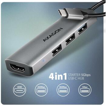 Axagon USB centrmezgls HMC-H3A 3x USB-A 480Mbps, 1x USB-A 5Gbps, 1x HDMI, 4K/30Hz, strāvas kabelis 0.15m (HMC-H3A)
