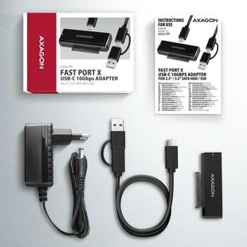 Axagon SSD адаптер ADSA-FPX USB-C 10Gbps, SATA 6G, 0.6м, черный, адаптер питания 12V/2A, UASP, TRIM, S.M.A.R.T., BOOT (ADSA-FPX)