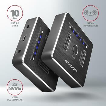 Axagon док-станция ADSA-M2C, USB-C 10 Гбит/с, 2x M.2 NVMe, серый, 68 x 68 x 17 мм, блок питания 100-240В/5В-3А (ADSA-M2C)
