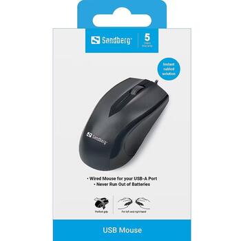 Sandberg USB мышь 631-01, 1 шт., 1200 DPI, 1,5 м, Оптическая, USB Type-A, 3 кнопки, Черная, RoHS (631-01)