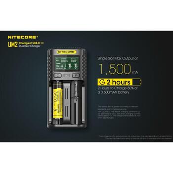 Nitecore Зарядное устройство UM2, 2 слота, 3000mA, ЖК-дисплей, восстановление IMR аккумуляторов, 1500mA на слот (UM2)