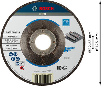 Slīpēšanas ripa, izliekta 125X22X6 mm, metālam, Mazām leņķa slīpmašīnām PRO METAL SLĪPRIPA, 2608600223, BOSCH (2608600223)