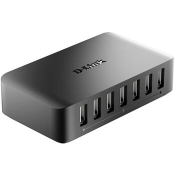 D-Link USB centrmezgls DUB-H7/E, 7x USB 2.0, 480 Mbit/s, 2.4 A, melns, Plug and Play, Mac saderība (DUB-H7/E)