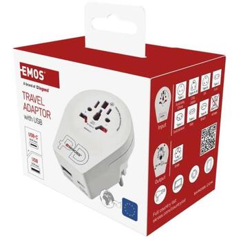 Emos Universāls ceļojumu adapters P0055U, balts, 1×USB-A 5V 3A, 1×USB-C 5V 3A, 100-250V~/16A max (P0055U)