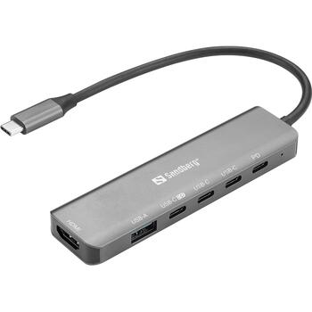 Sandberg USB-C 6-in-1 MediaDock 136-77, 54g, серый, USB-C, Windows 11, 1xHDMI, 6 портов, 19см, 4xUSB-C, 100W, PD 3.0, 2 дисплея (136-77)