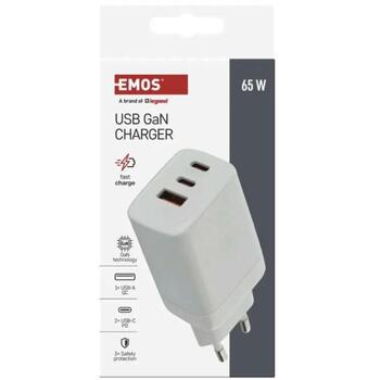 Emos Универсальное USB настенное зарядное устройство GaN V05G65, 65 W, 100–240 V, 3x USB, быстрая зарядка, защита от перегрузки (V05G65)