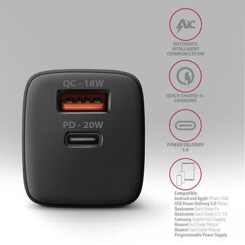 Axagon lādētājs ACU-PQ20 20W, 2 porti, 100-240V, QC 4+, PD 3.0, melns, ātrā uzlāde, aizsardzība pret pārslodzi (ACU-PQ20)