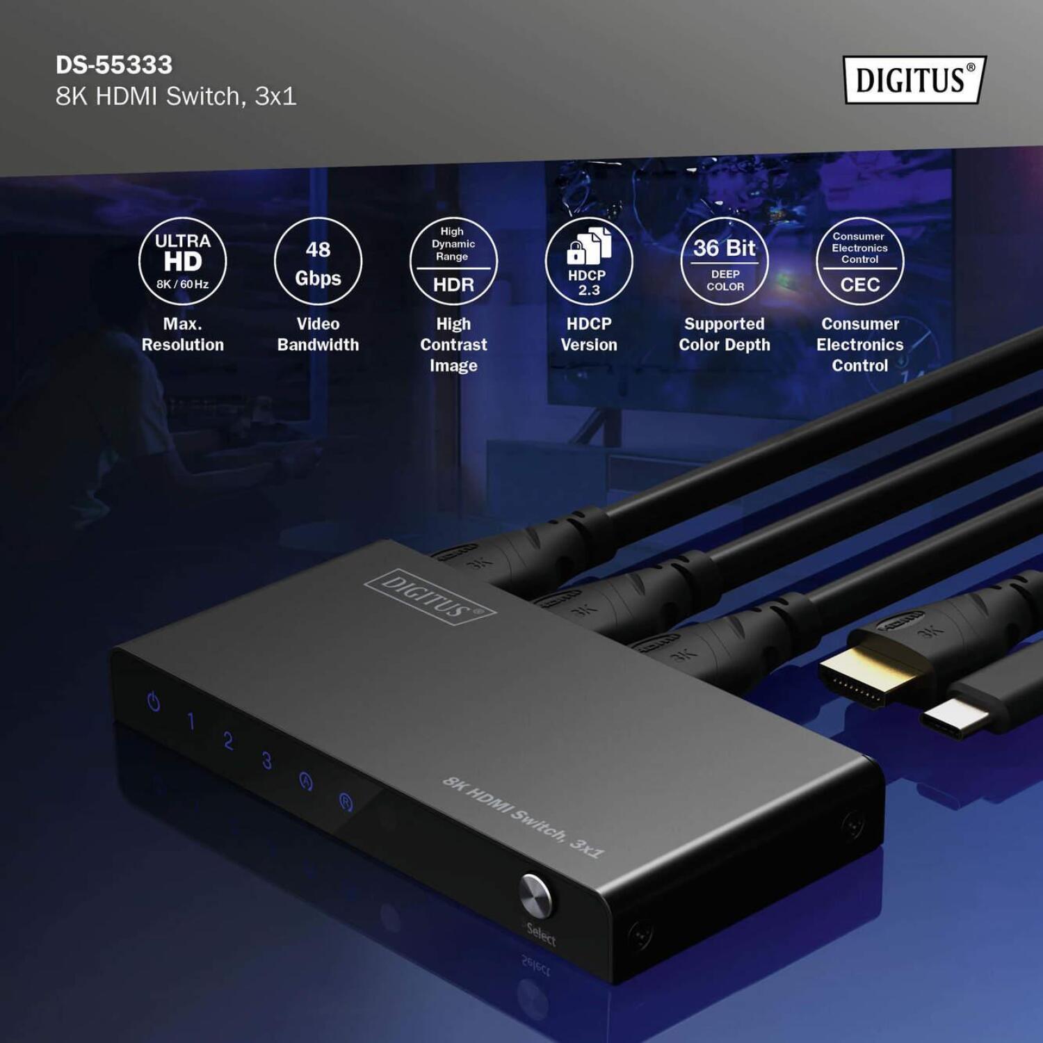 Digitus HDMI коммутатор, 3x1, DS-55333, 4xHDMI, 48Gbps, металлический корпус, поддержка HDR (DS-55333)