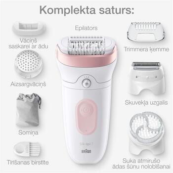 Braun epilators Silk-épil Series 7 7-060 SE7060, 40 min, 1 līmenis, mitrā un sausā epilācija, SmartLight, 40 pincetes, akumulators (SE7060)