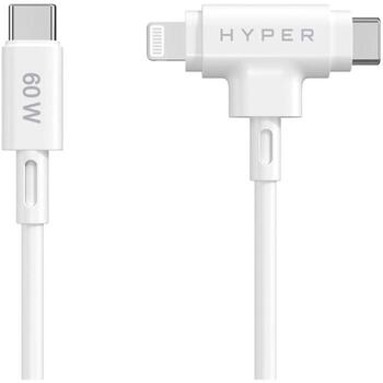 Hyper HiperJuice Silikona USB-C uz USB-C un Lightning hibrīda 60W kabelis HJ4010WHGL, 1.5m, 60W, ātrā uzlāde, bez sapīšanās (HJ4010WHGL)