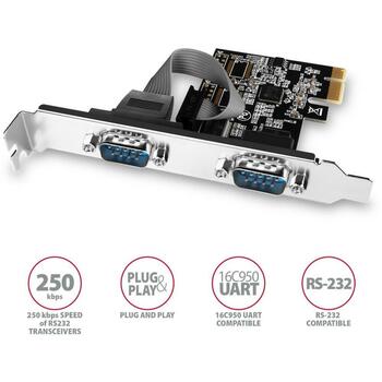 Axagon Адаптер PCEA-S2N 2x RS-232 250 кBd PCIe 5 Gbit/s, XON/XOFF, 256 B FIFO, черный, CE, RoHS (PCEA-S2N)