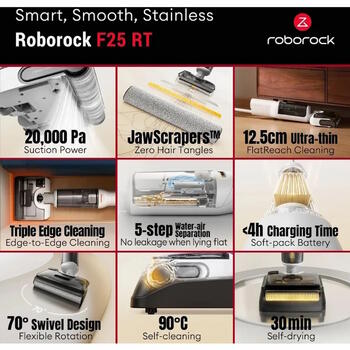 Roborock F25 RT вертикальный пылесос беспроводной влажная и сухая уборка 20000Pa WD5M7B022-00 Белый (WD5M7B022-00)