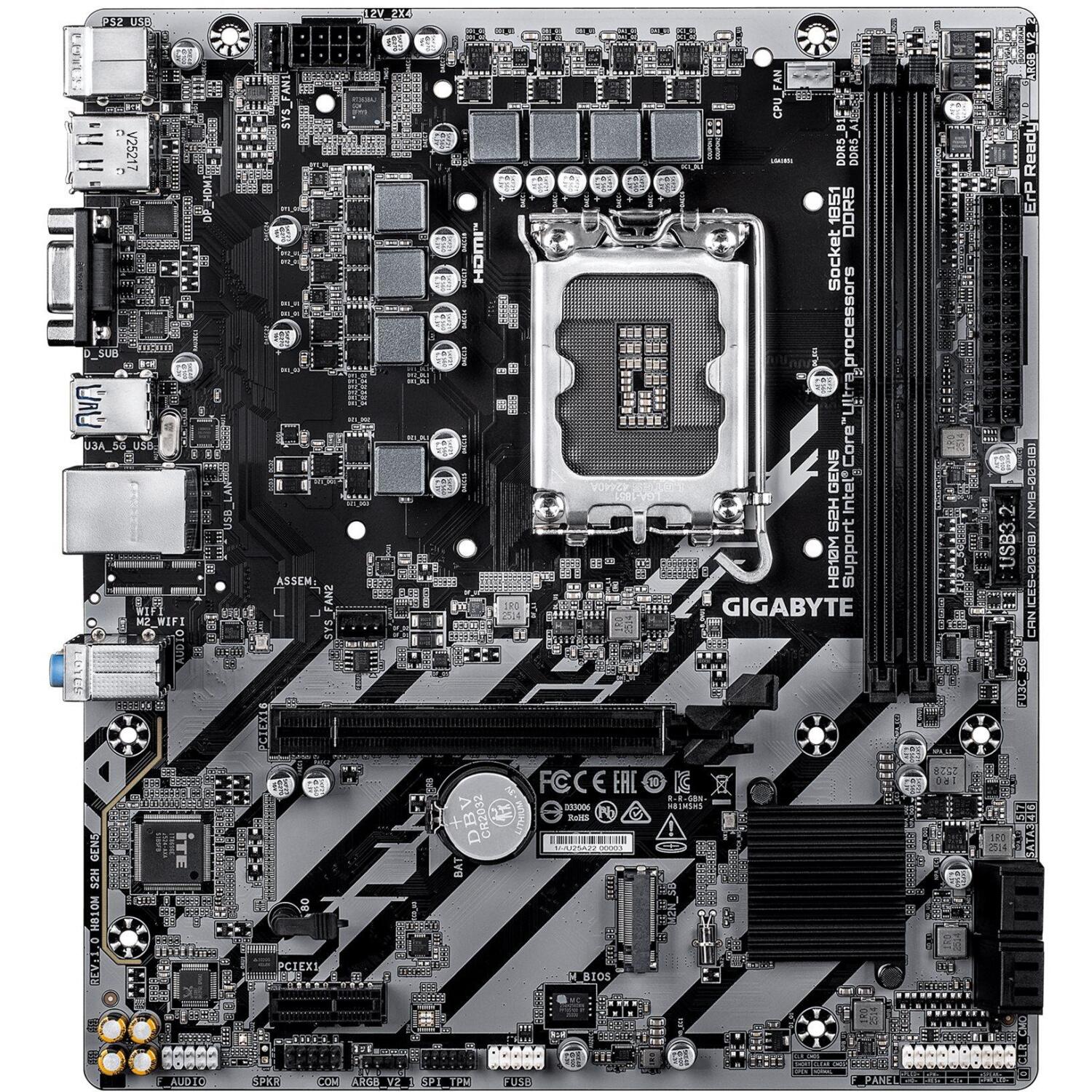 Gigabyte H810M S2H GEN5, материнская плата, LGA1851, 4 x SATA-600, 1 x M.2, DDR5, Gigabit Ethernet, HD Audio (H810M S2H GEN5)