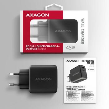 Axagon настенный зарядное устройство ACU-PQ45 45W, 2xUSB-A, 1xUSB-C, 100-240V, QC4+, PD3.0, черный, защита питания (ACU-PQ45)