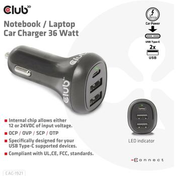 Club3D Lādētājs CAC-1921 36W, Ieejas spriegums 12/24V, 2x USB Type-A 5V/3A, 1x USB Type-C 5V/3A, 9V/2A, OCP, OVP, SCP, OTP (CAC-1921)
