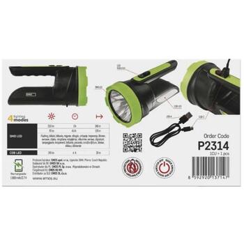 Emos перезаряжаемый фонарик P2314, 210 лм, 1 800 мАч, SMD LED + COB LED, 4 режима, USB-C, 3 ч зарядка, 240 м дальность света (P2314)