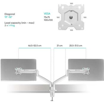 Onkron монитор, G200-W, 13-32 дюйма, 1-9 кг (x2), VESA 75x75, 100x100 мм, наклон -90° до +45°, поворот 180°, удлинение 0-615 мм (G200-W)
