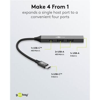 Goobay USB-хаб 74459, 4 порта, USB-C на USB-C/USB-A, 5 Гбит/с, док-станция, светло-серый (74459)