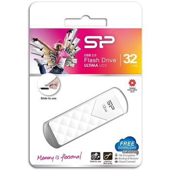 Silicon Power USB флеш-накопитель Ultima U03 SP032GBUF2U03V1W, 32 ГБ, USB 2.0, белый, выдвижной разъем, светодиодный индикатор (SP032GBUF2U03V1W)