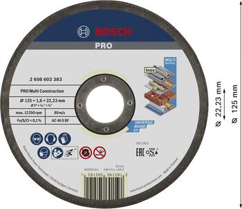 Univers. griešanas disks 125x22,2x1,6 mm MultiCon., Mazām leņķa slīpmašīnām PRO MULTI CONSTRUCTION GRIEZĒJDISKS, 2608602383, BOSCH (2608602383)