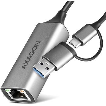 Axagon сетевой адаптер ADE-TXCA, 1 x RJ-45, 10/100/1000 Mbit/s, USB 3.2 Gen 1, ASIX AX88179, адаптер питания, серый (ADE-TXCA)