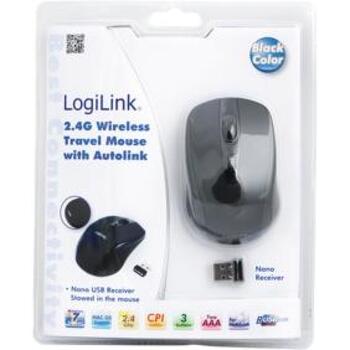 Logilink оптическая беспроводная мышь ID0031, 800/1600 dpi, 2.4 ГГц, 10 м, 3 кнопки, USB, прокрутка, Plug and Play, черная (ID0031)