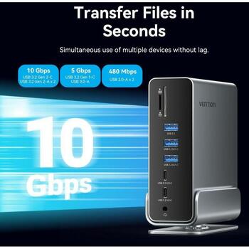 Vention док-станция TPUH0, 15-в-1, USB 3.2 Gen 2 Type-C, 100 W, 10 Gbit/s, 4K, 60 Гц, 3 монитора, 0.5 м USB кабель (TPUH0)