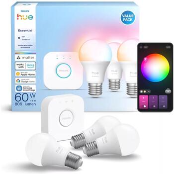 Philips Hue умный осветительный комплект 8721103103673, 3x8Вт, E27, 806лм, 2200-6500K, 16М цветов, Bluetooth/Zigbee, Hue мост (8721103103673)