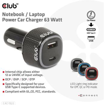 Club3D Зарядное устройство CAC-1922 63W, 12-24V, 1xUSB Type-A 18W, 1xUSB Type-C 45W, OCP, OVP, SCP, OTP, Черный (CAC-1922)