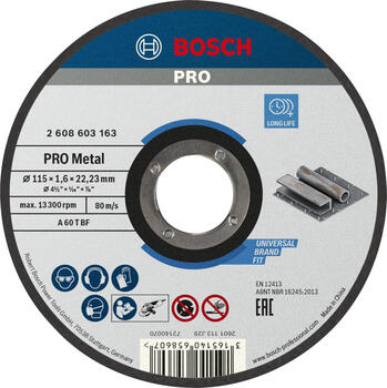 Griešanas ripa metālam Standard 115x22x1.6 mm, Mazām leņķa slīpmašīnām PRO METAL GRIEZĒJDISKS, 2608603163, BOSCH (2608603163)