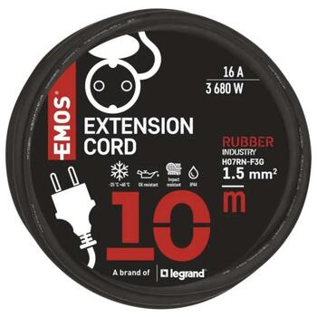 Emos Уличный удлинитель P01810, 10 м, 1 розетка, черный, 230 В, 16 А, IP44, резина/неопрен, защита от детей (P01810)