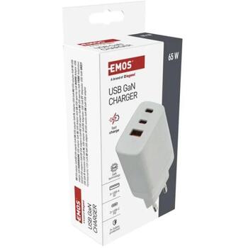 Emos Универсальное USB настенное зарядное устройство GaN V05G65, 65 W, 100–240 V, 3x USB, быстрая зарядка, защита от перегрузки (V05G65)