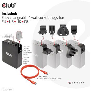 Club3D мобильное зарядное устройство CAC-1917 140W, 100-240V, 3x USB-C, 1x USB-A, PD 3.1, PPS, OCP, OVP, SCP, OTP, CE, FCC (CAC-1917)