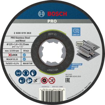 X-LOCK Standard for Inox 125 × 1,6 × 22,23 mm, Mazām leņķa slīpmašīnām PRO STAINLESS STEEL AND METAL GRIEZĒJDISKS AR SAISTVIELĀM, 2608619363, BOSCH (2608619363)