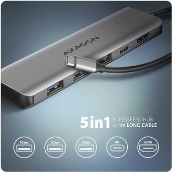 Axagon USB centrmezgls HMC-5H 5in1, 3x USB 5Gbps, 1x HDMI, 100W PD, 1m kabelis (HMC-5H)