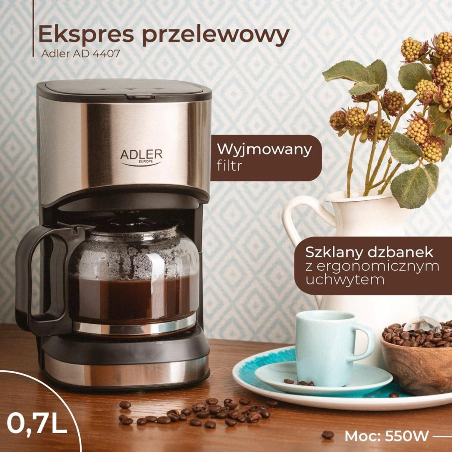 Adler Кофеварка AD 4407, 550 W, 0.7 L, Полуавтомат, Черный, Смываемый фильтр, Антикапельная функция (AD 4407)