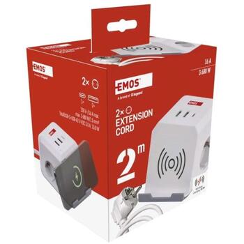 Emos Удлинитель МОДЕЛЬ P0222CQ, 2м, 2×2P+PE, 3 680W, 2×USB-A, 1×USB-C, Qi, защита от детей (P0222CQ)