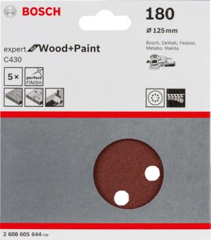 Slīppapīrs,kokam,PEX D=125mm,K180,5 gab., Ekscentra slīpmašīnām, ekscentra slīpmašīnām ar putekļu maisu C430 EXPERT FOR WOOD AND PAINT, 2608605644 BOSCH (2608605644)